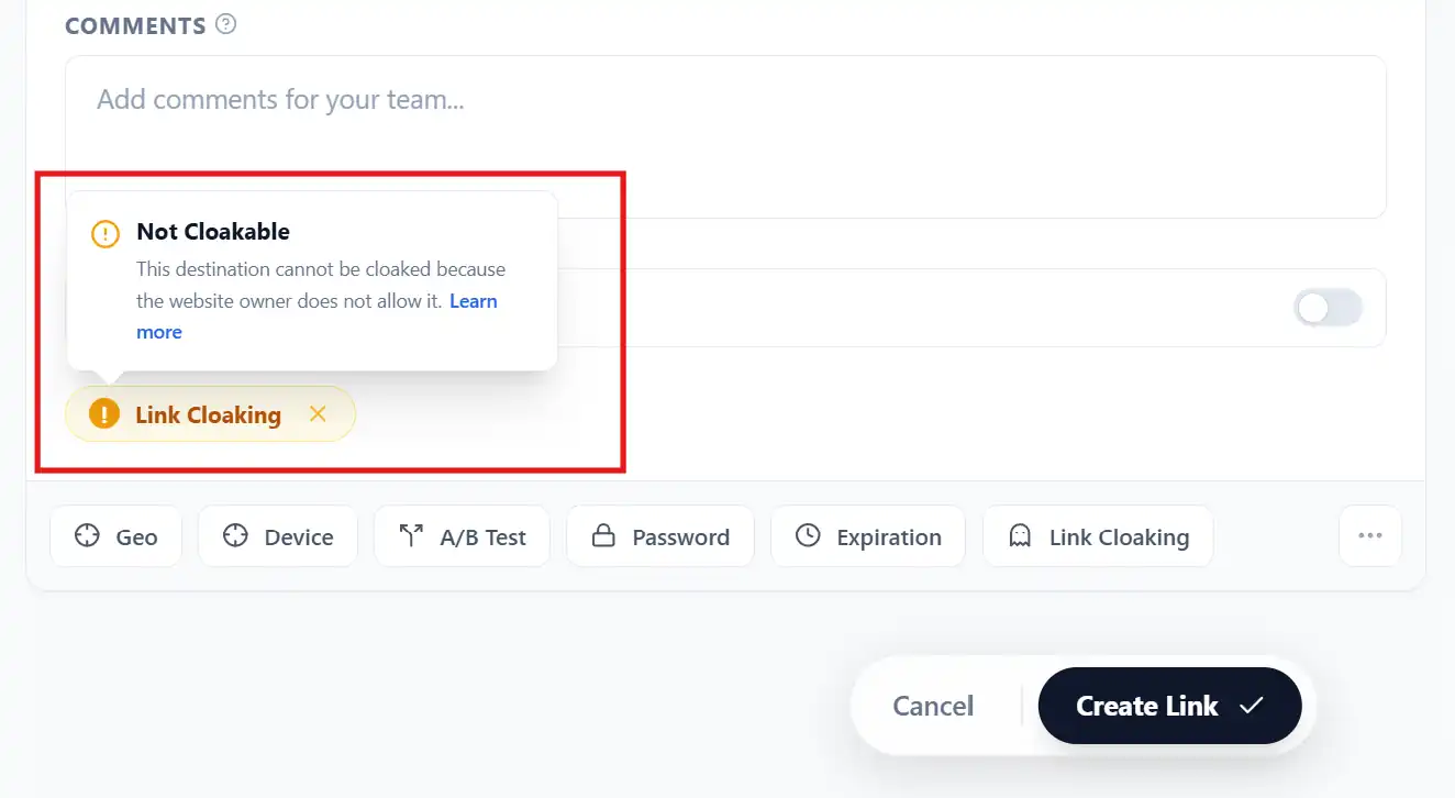 Warning message showing that a destination URL cannot be cloaked